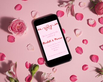 Digital Lovebirds Wedding Invitation in Pink and Red, Valentines Wedding Invite