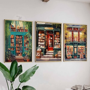 Vintage Book Store Set of 3 Prints, Book Shop Print, Book Lovers Gift, Reading Gift, Antique Wall Art, Retro Book Lovers Art, Library Art
