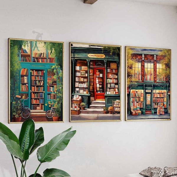 Vintage Bookshop Print Set, Retro Library Wall Art
