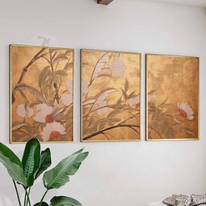 Set giapponese di 3 poster floreali, stampe d&#39;arte giapponese asiatica, arte floreale dorata di Ogata Korin, arredamento orientale, regalo giapponese, A1/A2/A3/A4