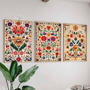 Vintage Set of 3 Mexican Posters, Mexican Prints, Mexican Decor, Traditional Latin Decor, Floral Print, Botanical Wall Art, Tropical Print