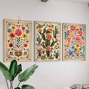 Conjunto vintage de 3 pôsteres mexicanos, gravuras mexicanas, decoração mexicana, decoração tradicional latina, estampa floral, arte de parede botânica, estampa tropical