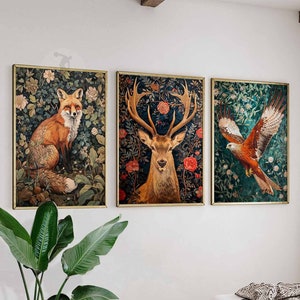 Láminas de William Morris, juego de 3 pósteres de William Morris, arte animal de William Morris, decoración botánica, arte mural vintage, láminas de zorros, arte de aves