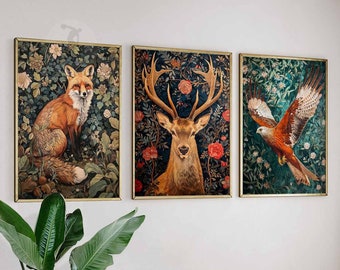 May include: Three framed prints with a nature theme. The first print features a red fox in a forest setting. The second print features a deer with antlers in a floral setting. The third print features a red kite flying in a forest setting.