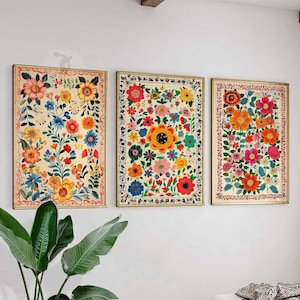 Vintage Set of 3 Mexican Posters, Mexican Prints, Mexican Decor, Traditional Latin Decor, Floral Print, Botanical Wall Art, Tropical Print