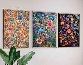 Indian Floral Art Prints, Vintage Pichwai Style, Set of 3