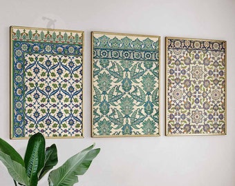 May include: Three framed prints featuring intricate geometric patterns in shades of blue, green, and white. The designs are reminiscent of traditional Islamic tilework.