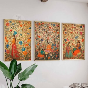 Indian Floral Set of 3 Prints, Indian Decor, Floral Wall Art, Vintage Cultural Art, Wall Art Decor, Traditional Pichwai Art, Indian Gift