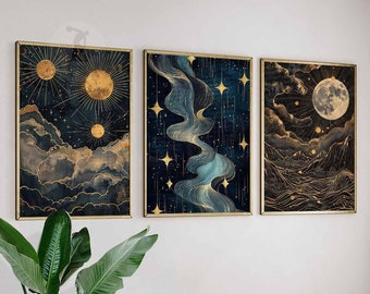 Può includere: Tre stampe incorniciate con un tema celeste. Le stampe presentano uno sfondo blu scuro con stelle dorate, lune e nuvole. Le stampe sono perfette per aggiungere un tocco di fantasia a qualsiasi stanza.