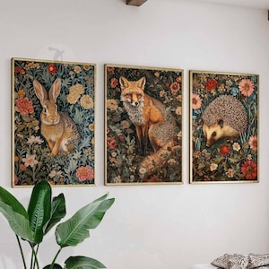 William Morris-prints, set van 3 William Morris-posters, William Morris-dierenkunst, botanisch decor, vintage kunst, Fox-print, konijnkunst