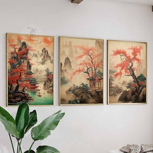 Chinese Set of 3 Vintage Art Prints, Chinese Wall Art, Oriental Decor, Chinese Posters, Landscape Art, Forest Art, Asian Floral Decor