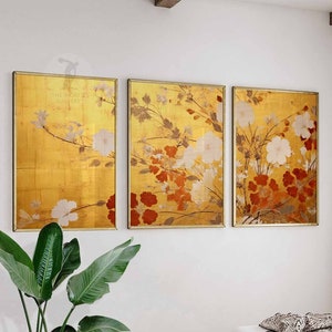 Japanese Set of 3 Posters, Japanese Prints, Floral Print, Golden Art, Oriental Decor, Asian Decor, Japanese Gift, A1/A2/A3/A4