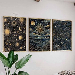 William Morris Set of 3 Posters, Gold Decor, William Morris Print, Moon Poster, Night Sky Art, Botanical Decor, Floral Art, Bedroom Art