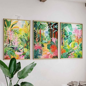 Botanical Set of 3 Prints, Colourful Boho Floral Wall Art, Botanical Poster, Tropical Decor, Jungle Aesthetic, Flower Wall Art, Floral Gift