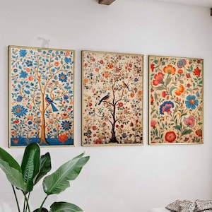 Indian Floral Set of 3 Prints, Indian Decor, Floral Wall Art, Vintage Cultural Art, Wall Art Decor, Traditional Pichwai Art, Indian Gift