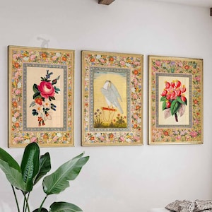 Indian Floral Art, Set Of 3, Indian Art Print, Floral Print, Vintage Art, Wall Art Decor, Birds Print, Pichwai Art, Gift Idea A1/A2/A3/A4