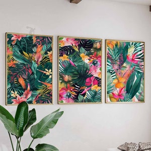 Floral Set of 3 Floral Posters, Boho Leaf Floral Wall Print, Tropical Decor, Jungle Aesthetic, Tropical Decor, Floral Wall Art, Jungle Print