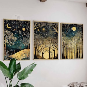 Lot de 3 affiches William Morris, décoration dorée, impression William Morris, affiche lune, art ciel nocturne, déco botanique, art floral, art de la chambre à coucher