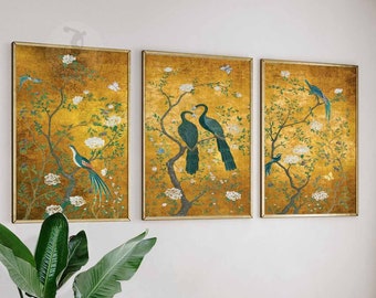 Japanese Set of 3 Floral Posters, Asian Japanese Art Prints, Cranes Pines and Bamboo by Ogata Korin, Japanese Decor, Gift, A1/A2/A3/A4