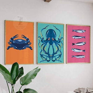 3er Set Poster Oktopus, Sea Life Wandbild, Oktopus Poster, Krabben Poster, Fisch Wand Kunst, Tier Dekor, Vintage Tier Poster, A1/A2/A3/A4