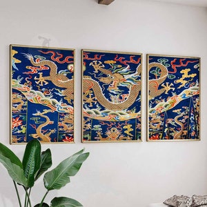 Chinesisches Set mit 3 Drachen Poster, Florale chinesische Kunstdrucke, Orientalische Wandkunst, Traditionelle Chinesische Dekoration, Chinesisches Geschenk