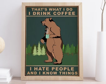 Coffee Bear Art Print, Funny Kitchen Poster, Coffee Lover Gift