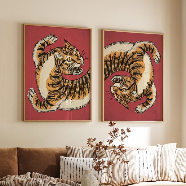 2er-Set, indische Art Prints, indisches Poster-Set, indischer Druck, Tigerdruck, Wohnkultur, Tierkunst, Geschenkidee, asiatische Kunst, A1/A2/A3/A4