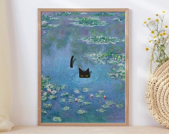 Monet Waterlily Cat Print, Claude Monet Cat Poster, Cat Art, Floral Print, Wall Art Decor
