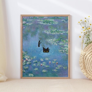 Monet Waterlily Cat Print, Claude Monet Cat Poster, Cat Art, Floral Print, Wall Art Decor