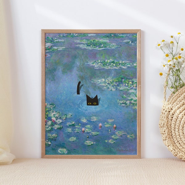 Monet Waterlily Cat Print, Claude Monet Cat Poster, Cat Art, Floral Print, Wall Art Decor