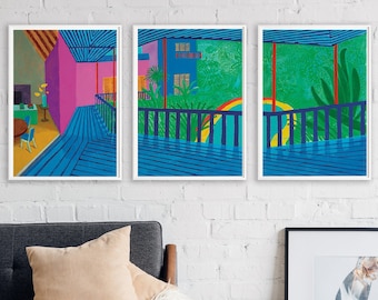 David Hockney Garden with blue terrace PrintDavid Hockney PosterWall Decor