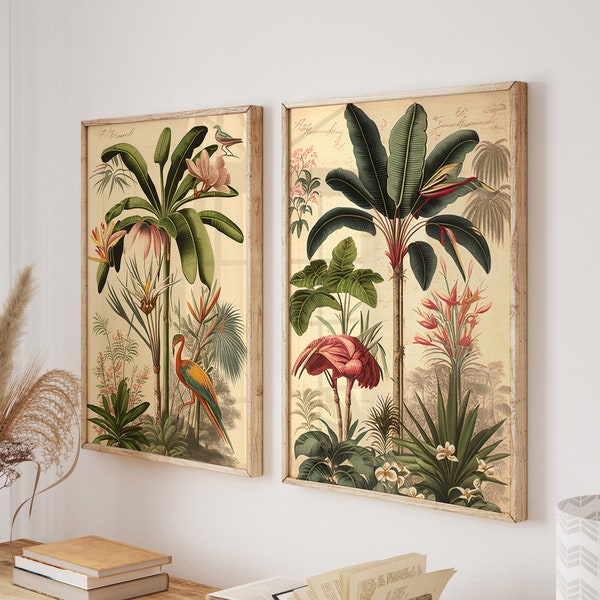 Set of 2 Vintage Botanical Posters, Floral Jungle Wall Print, Vintage Decor, Botanical Print, Floral Decor, Floral Wall Art, Safari Print