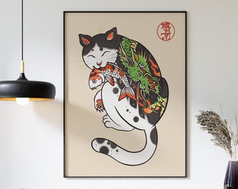 Japanese Cat Tattoo Art Print, Oriental Wall Decor