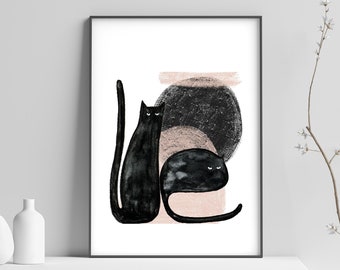 Minimalist 2 Black Cats Poster, Cat Art Prints, Animal Wall Decor, Animal Art Print, Cat Lovers Gift, Interior Design, A1/A2/A3/A4