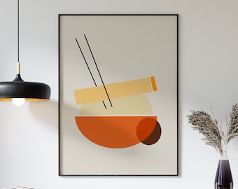 Lámina minimalista de arte culinario asiático: ilustración de un tazón de fideos.