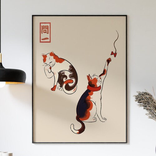 Japanese Cat Poster Japanese Cat Art Print Two Cats Animal Etsy
