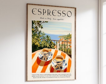 Koffieposter, Italiaanse espressoprint, keukendecor, retro koffiekunst, vintage food art, eten en drinken poster