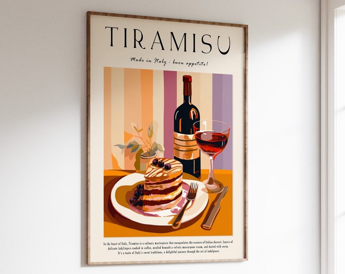 Cartel de postre italiano, impresión de comida tiramisú, cartel para cocina, decoración de cocina, arte de comida italiana, cartel de Italia, impresión de comida retro, regalo de comida