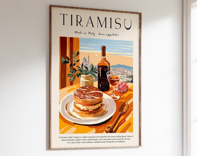 Italian Dessert Poster, Tiramisu Food Print, Poster for Kitchen, Kitchen Decor, Italian Food Art, Italy Poster, Retro Food Print, Food Gift