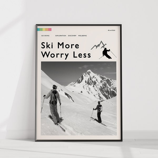 Ski More Worry Less Poster, Ski Alpes Outdoor Adventure Art Print, Wintersport, Black And White Vintage, Geschenkidee Ski fahren, Landschaft Natur