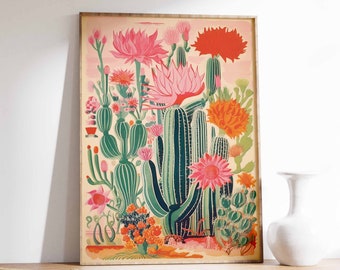 Vintage Mexikanische Kaktus Poster, Bunte mexikanische Kunstdruck, Traditionelle mexikanische Kunstwerk, Blumen Vintage Poster, Latein Dekor, Kulturelles Geschenk