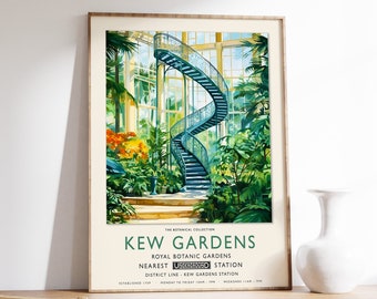 May include: A vintage-style poster advertising Kew Gardens, a Royal Botanic Gardens in London. The poster features a colorful illustration of a spiral staircase inside a glass building with lush greenery. The text on the poster reads "Kew Gardens, Royal Botanic Gardens, Nearest Underground Station, District Line - Kew Gardens Station, Established 1759, Monday to Friday 10am - 7pm, Weekends 10am - 7pm."