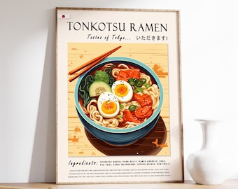 May include: A framed print depicting a vibrant illustration of Tonkotsu Ramen. The artwork showcases a blue bowl brimming with noodles, eggs, and vegetables. The text reads "TONKOTSU RAMEN" and "Tastes of Tokyo..." with Japanese characters. Ingredients are listed below.