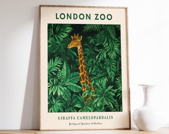 May include: A framed art print featuring a giraffe amidst lush green foliage. The print has the text "LONDON ZOO" at the top and "GIRAFFA CAMELOPARDALIS" at the bottom, with "Zoological Gardens Collection" below it. The artwork is displayed on a wooden shelf.