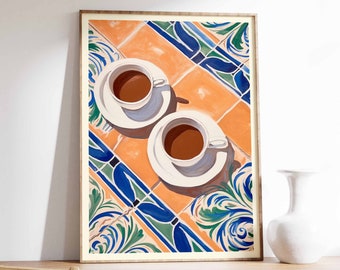 Impression de tasse à café marocaine, affiche de café vintage, art du carrelage exotique
