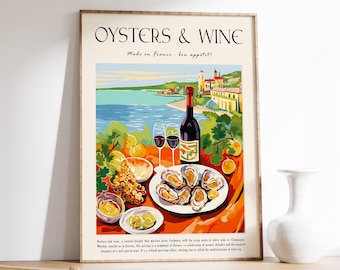 Oysters and Wine Art Print, Seafood Kitchen Poster, Restaurant Cafe Decor
