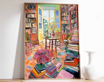 Vintage Library Poster, Retro Bookshop Wall Art
