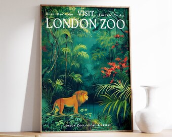 London Zoo Print, Vintage Zoo Poster, Lion Print, Animal Art, Botanical Decor, Jungle Print, Tropical Poster, Jungle Art