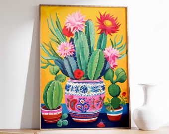 Vintage Mexican Cactus Poster, Colourful Mexican Art Print, Traditional Mexican Artwork, Floral Vintage Poster, Latin Decor, Cultural Gift