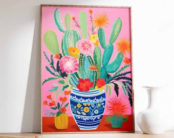 Vintage Mexican Cactus Art Poster, Floral Latin Decor
